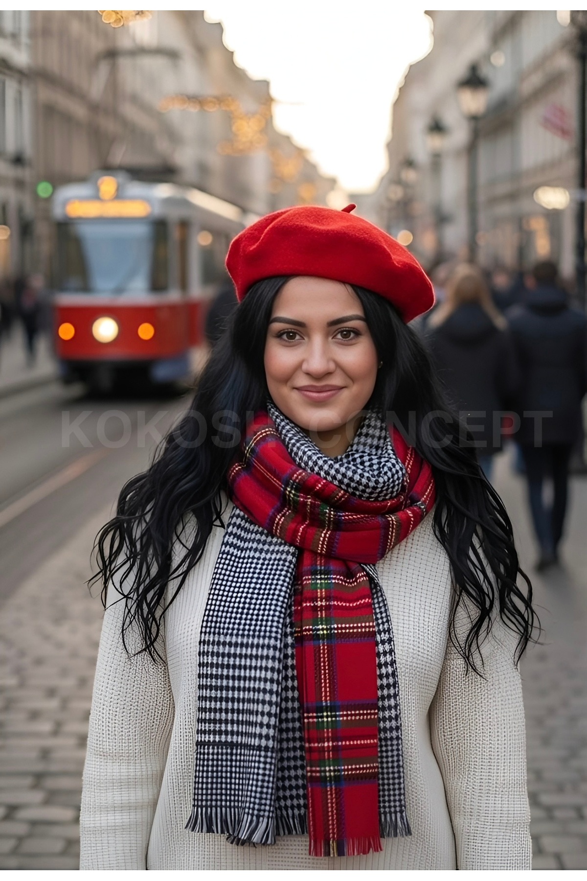 la_hatun Ekose Luxury Çift Taraflı Omuz Şalı İle Fransız Ressam Şapka Takımı görsel 7