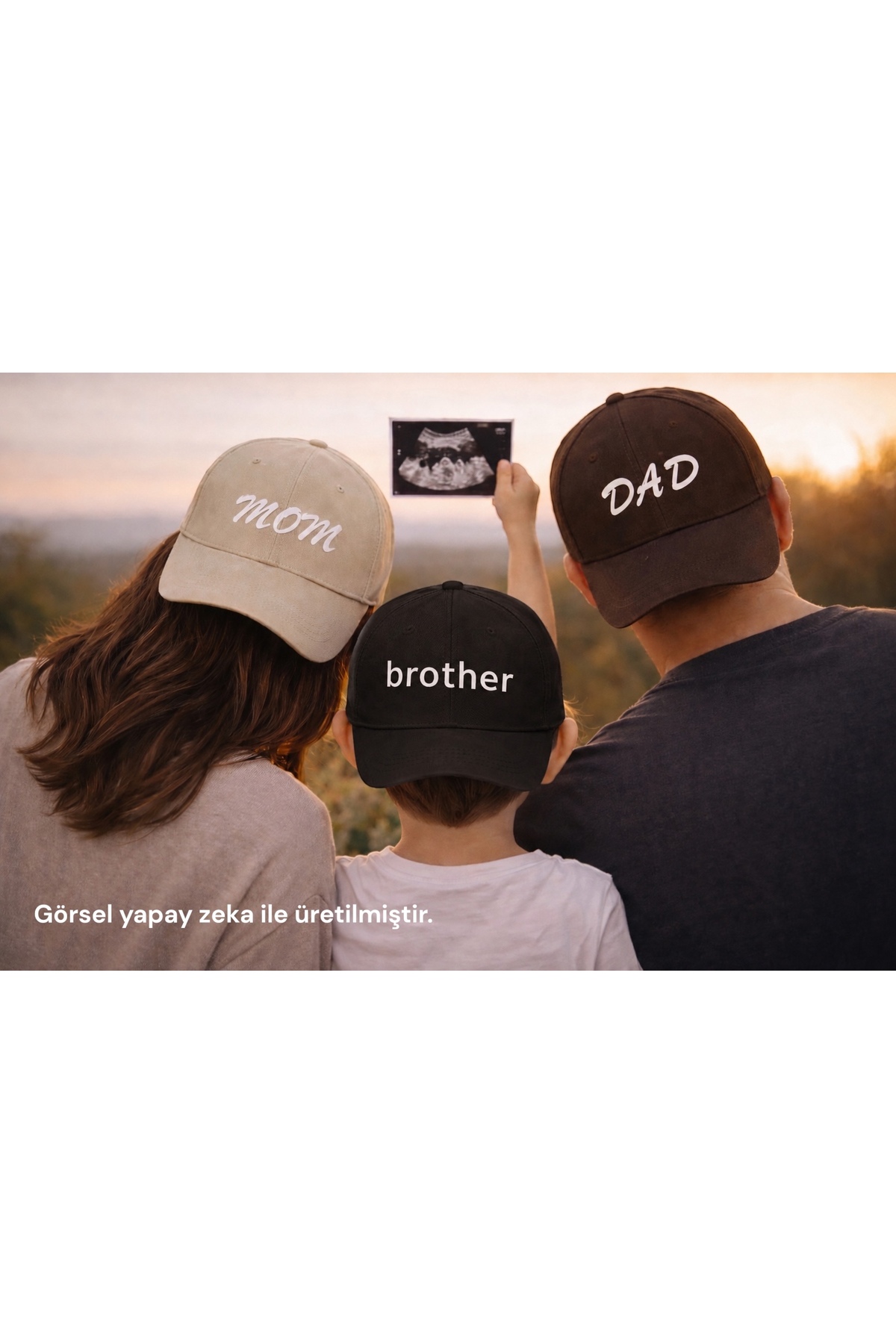 sf collection MOM & DAD & Brother Baskılı Kahverengi-Krem-Siyah 3'lü Aile Kombin Şapka
