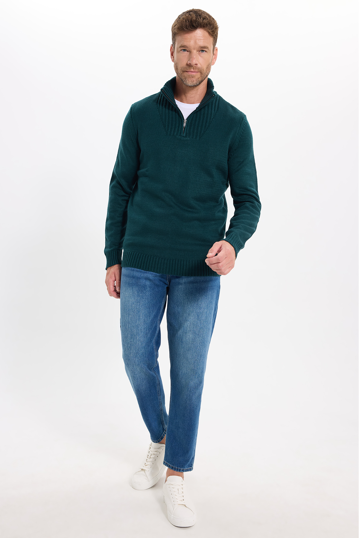 Erkek Slim Fit Dar Kesim Armürlü Fermuarlı Yeşil Dik Yaka Triko Kazak — سبز KZ230014-02 — تصویر 3 از 9