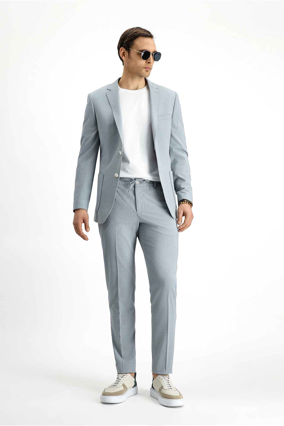 Kiğılı 7 Drop Super Slim Fit Eksra Dar Kesim Çizgili Beli Lastikli İpli Gofre Takım Elbise