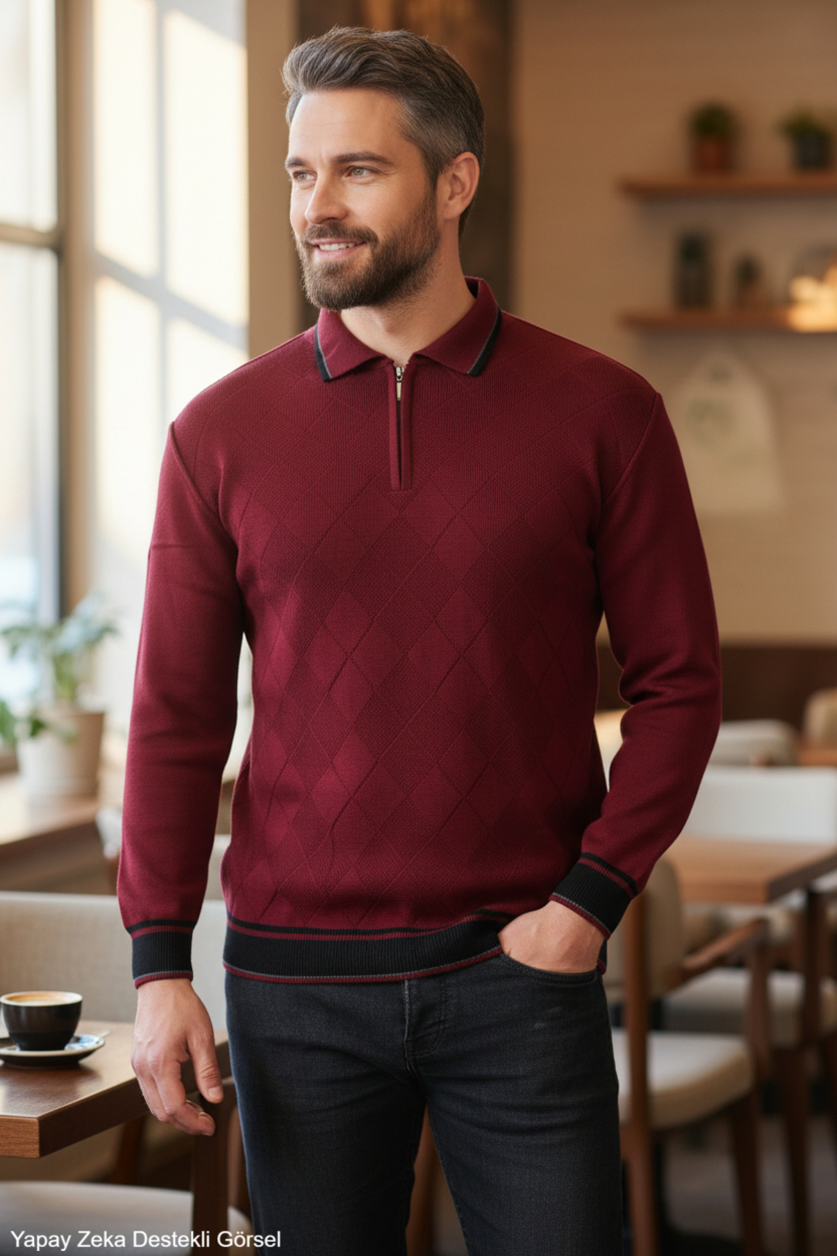 Standart Fit Relaxed Normal Kesim Polo Yaka Düz Triko Kazak Bordo — زرشکی kml114gml