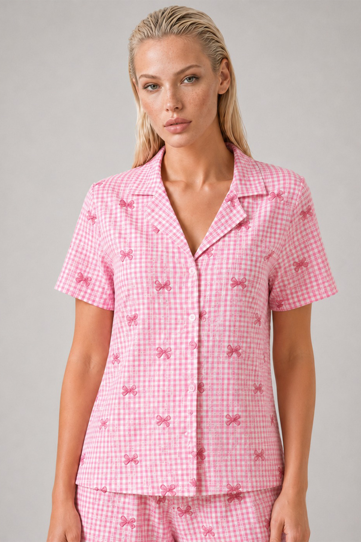 FİT WOMEN Ekose Fiyonk Desenli Şortlu Pijama Takımı Kadın Kısa Kollu Düğmeli Yazlık rahat Pembe Pijama Takımı 4634
