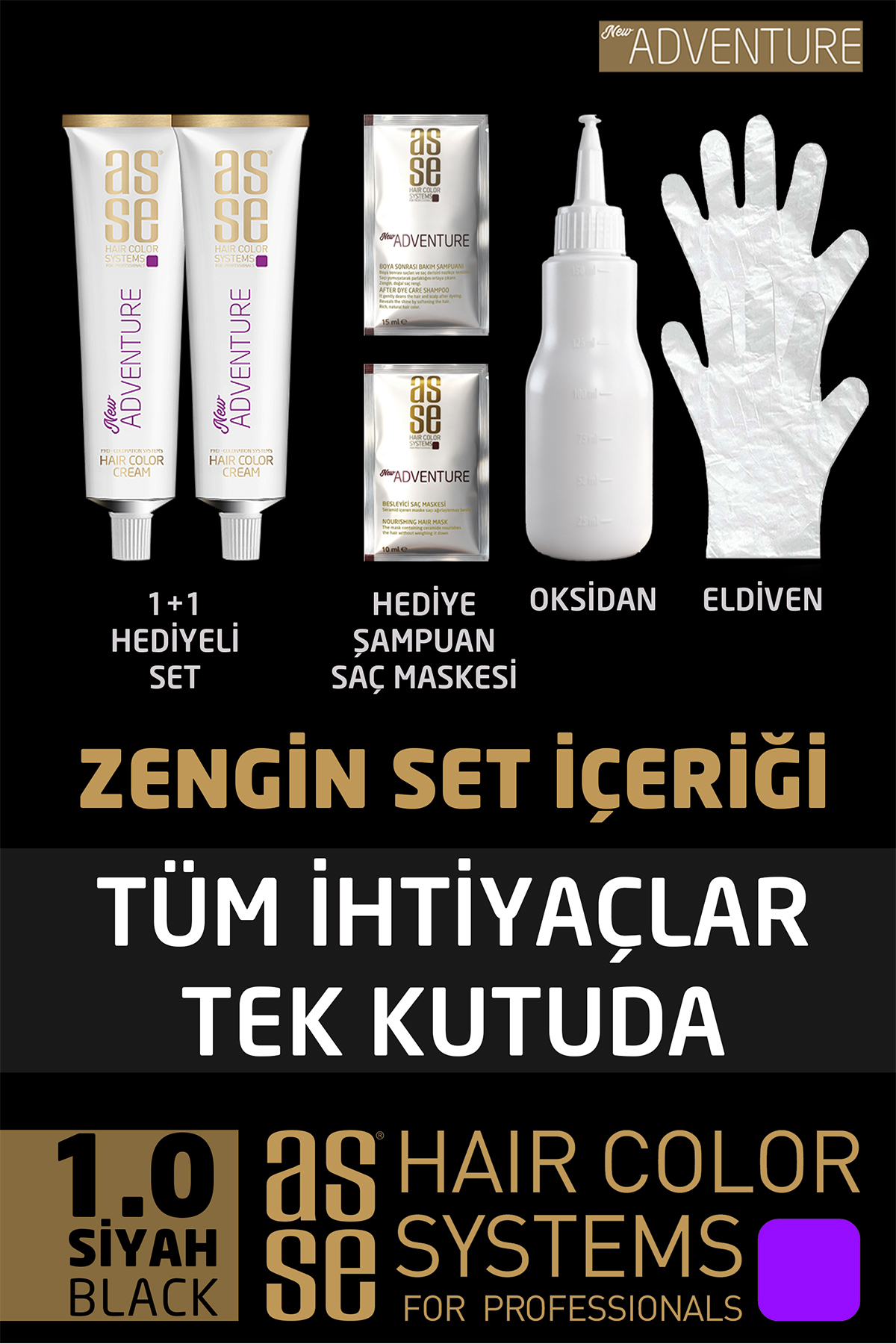Adventure Set Saç Boyası, Kalıcı Ve Canlı Renkler Ikili Kullanım Seti No:1.0 Siyah — مشکی 8682943400813 — تصویر 3 از 7