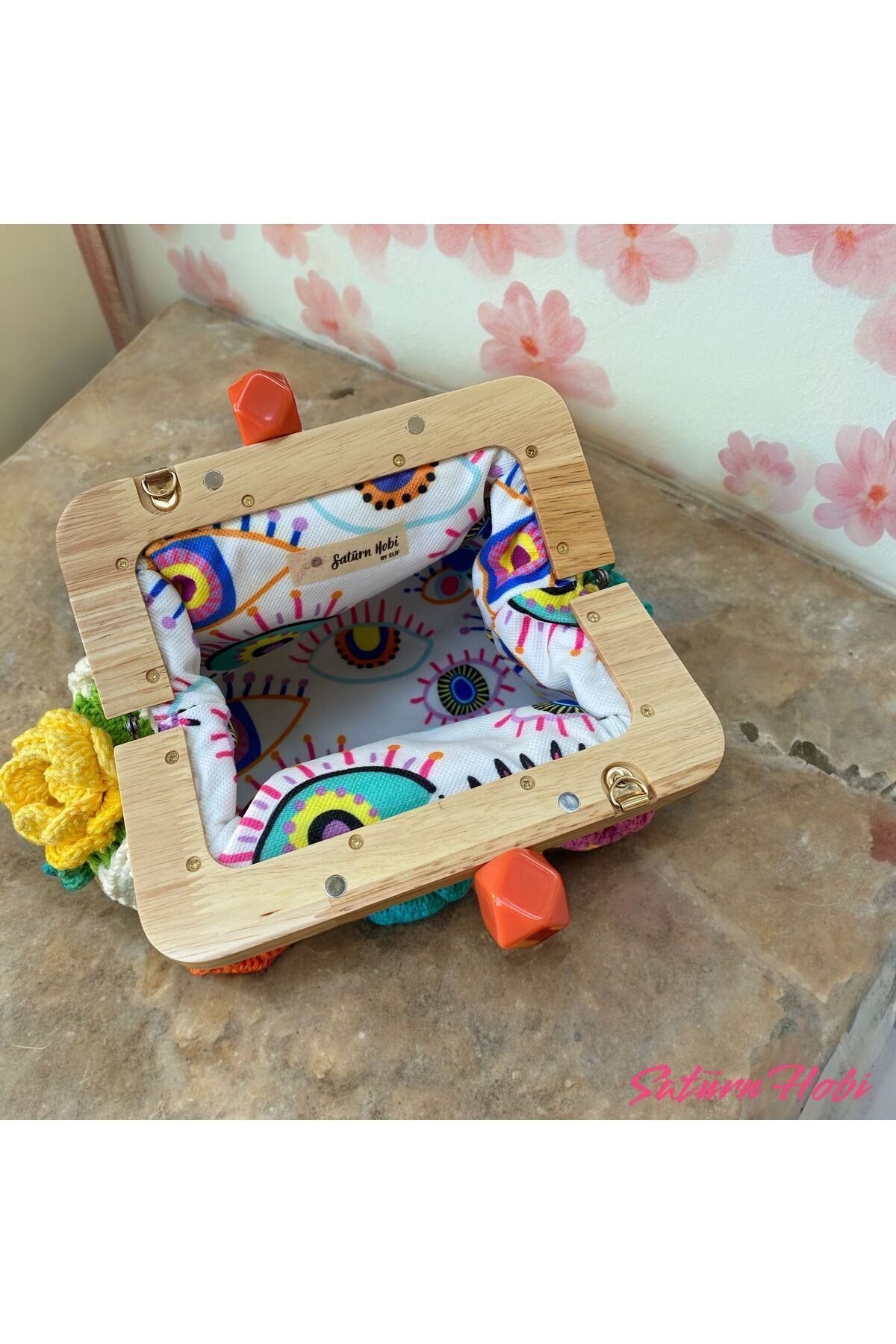 Satürn Hobi Örgü Ahşap Burslu Gül Motifli Clutch Çanta görsel 7