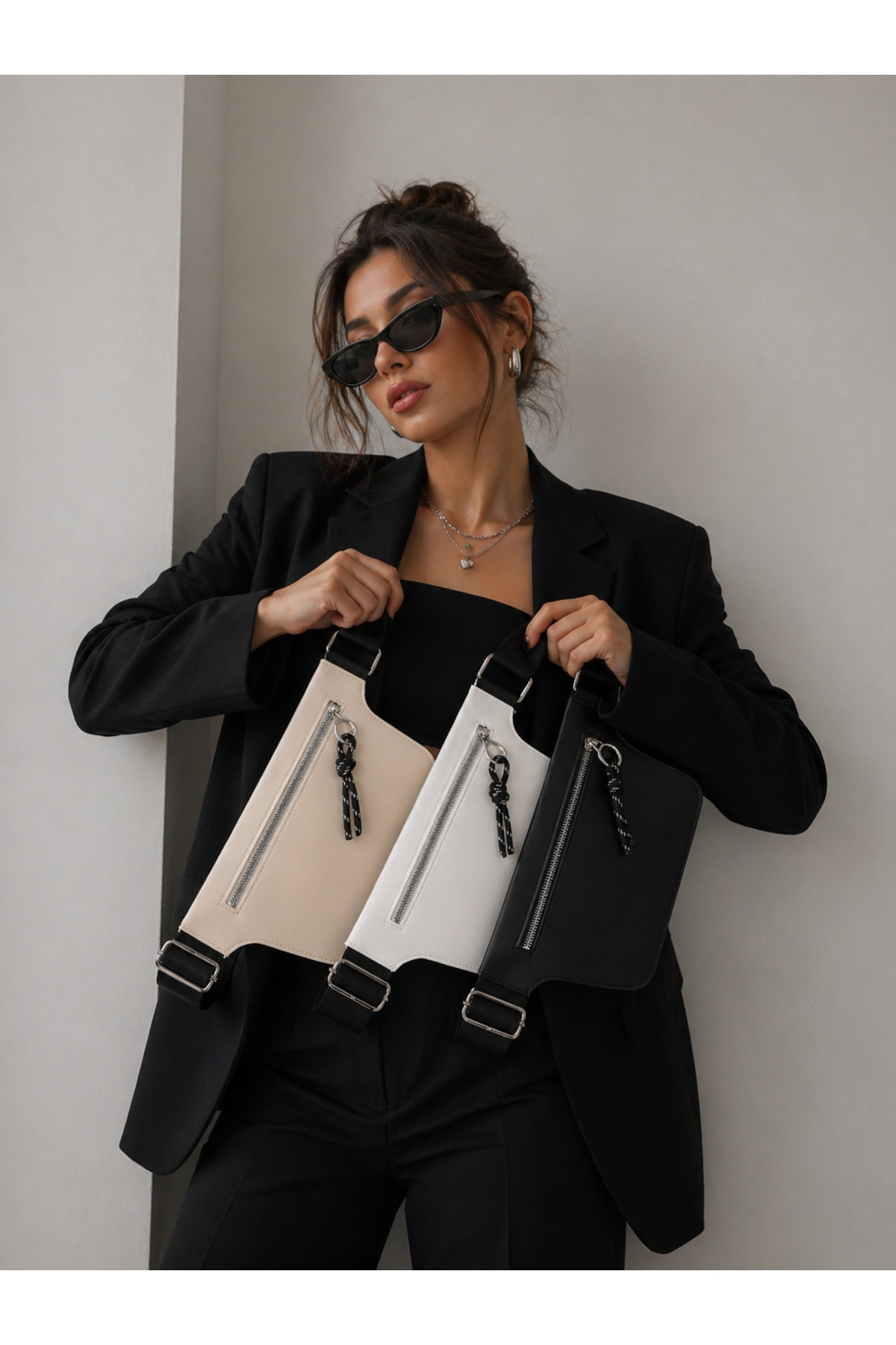 Women's 3-Piece Cream White Black Card Holder Zippered Casual City Hiking Gym Bag Nunu