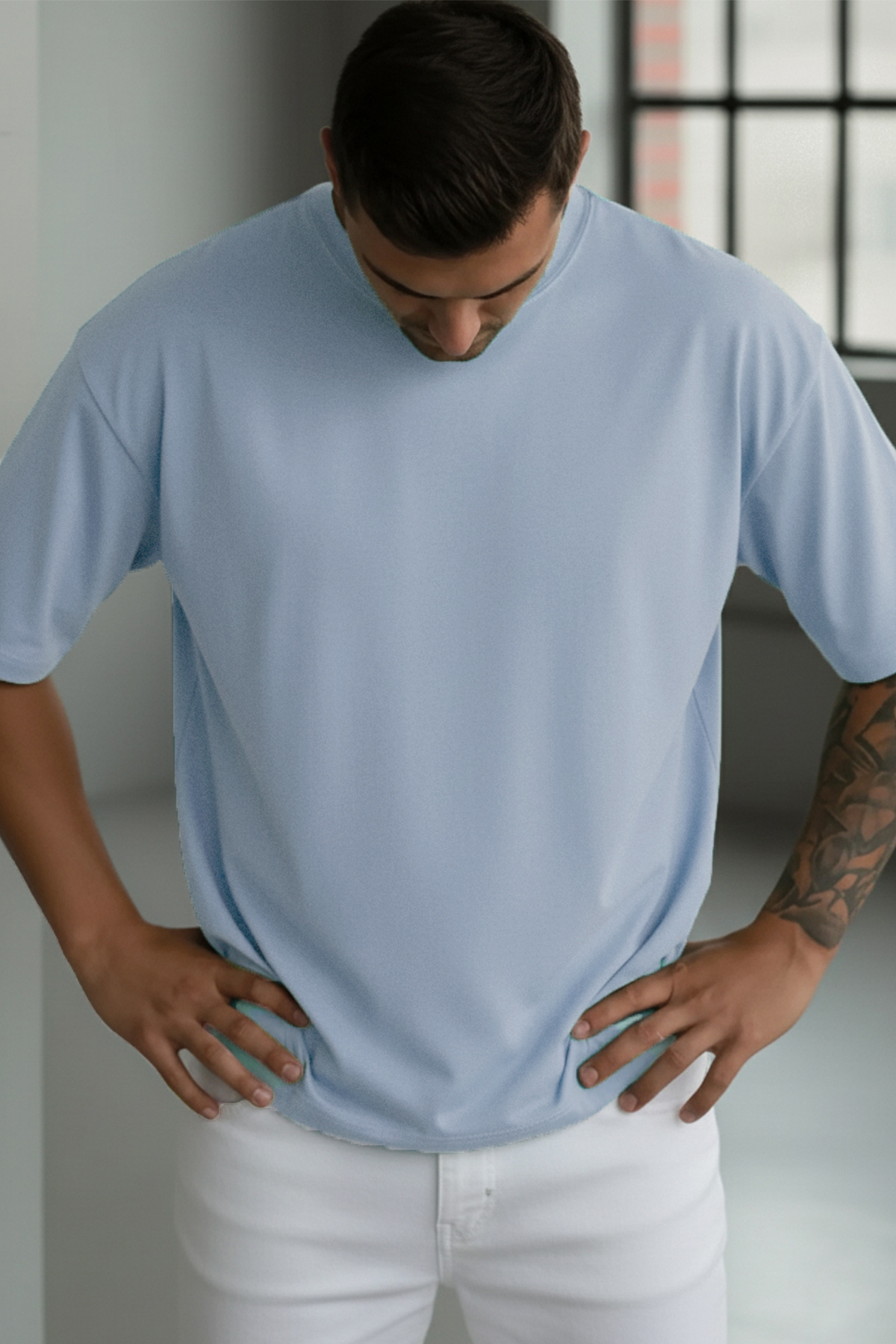 1 Pc Men's Light Baby Blue Basic Plain Unprinted Oversize Salas Loose Fit T-shirt