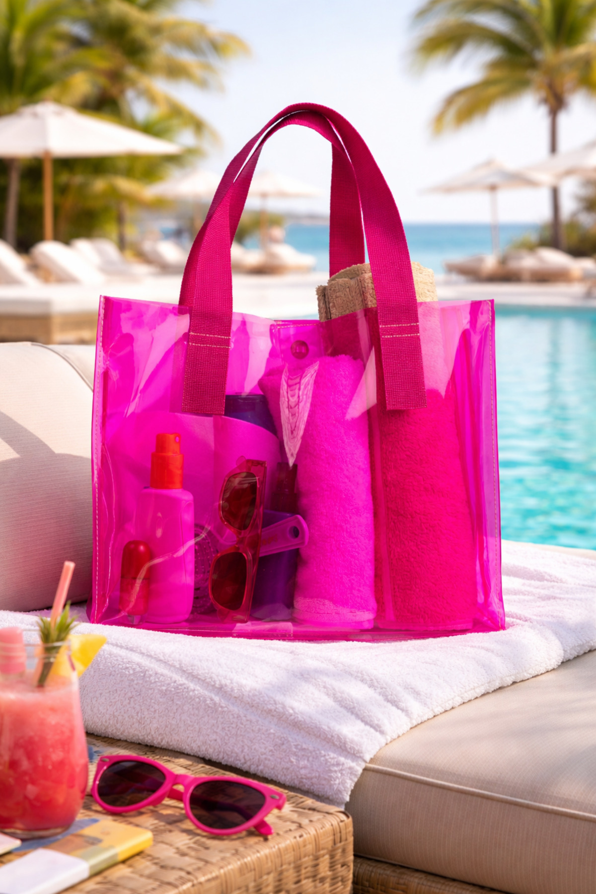 ttm ticaret Pembe Kadın Beach Baskılı Şeffaf Plaj Çantası görsel 2