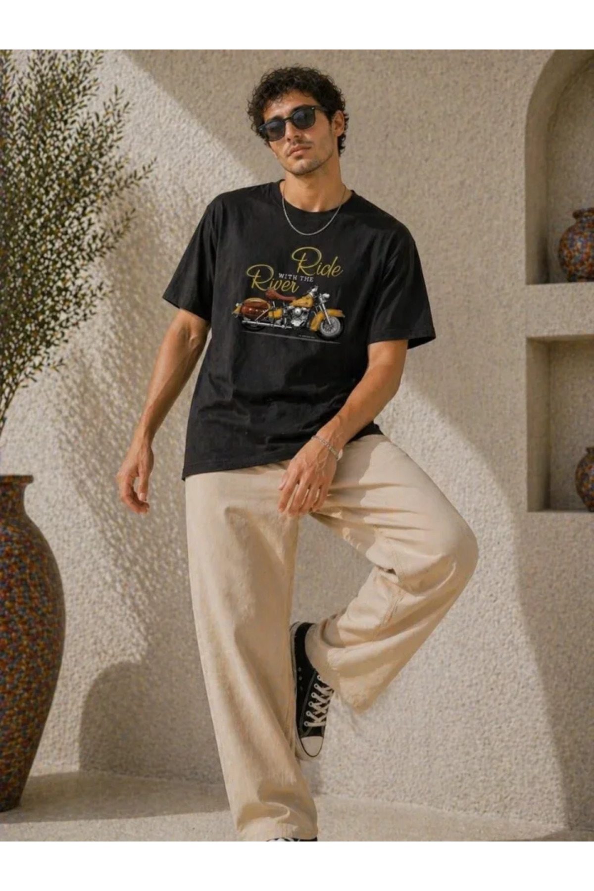 Erkek Motosiklet Baskılı Tişört Bisiklet Yaka Kısa Kol Yazlık T-Shirt - Siyah
