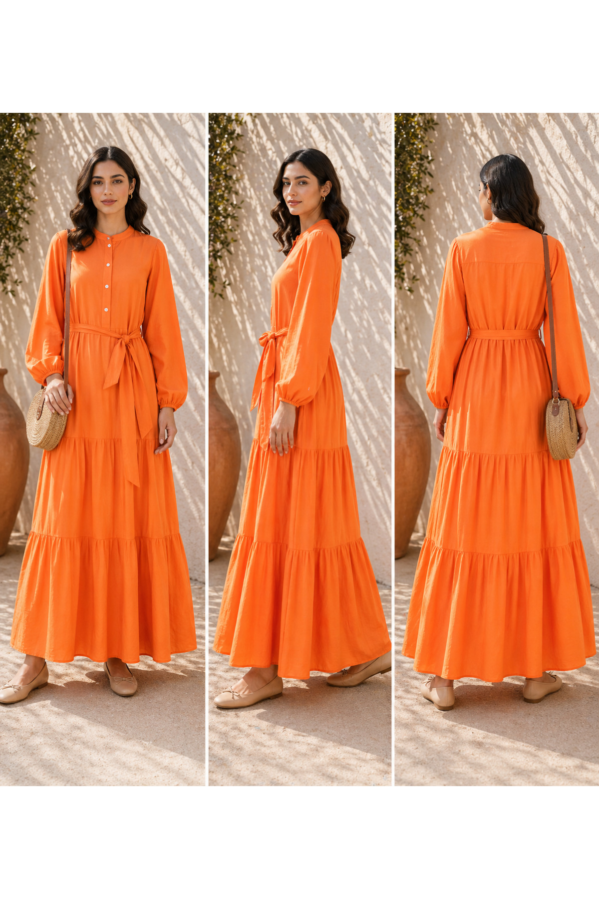 LINELLE Solid Orange A-Line Mandarin Collar Casual Dress