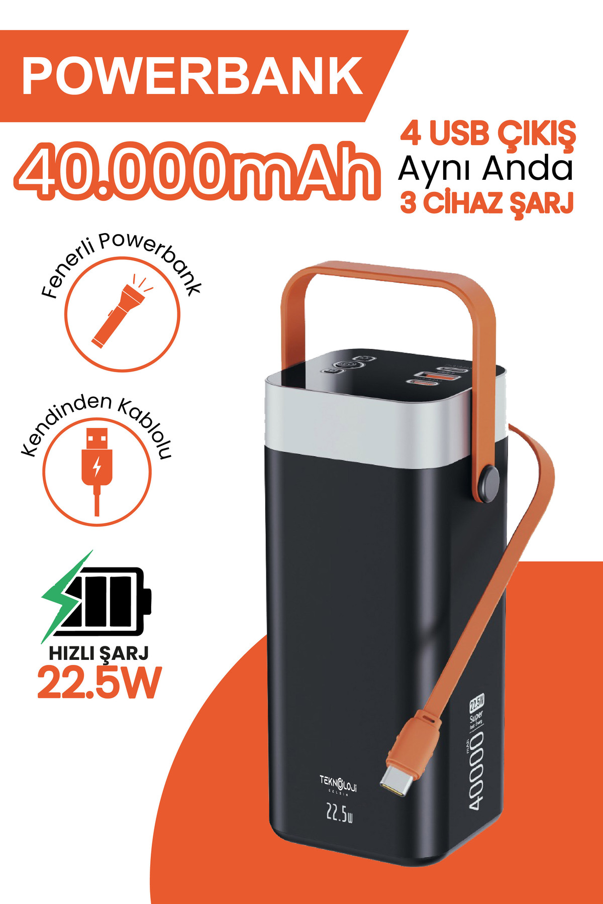 40,000 mAh Fast Charging Powerbank Camping Light Powerful Flashlight Portable Battery with Wired Indicator