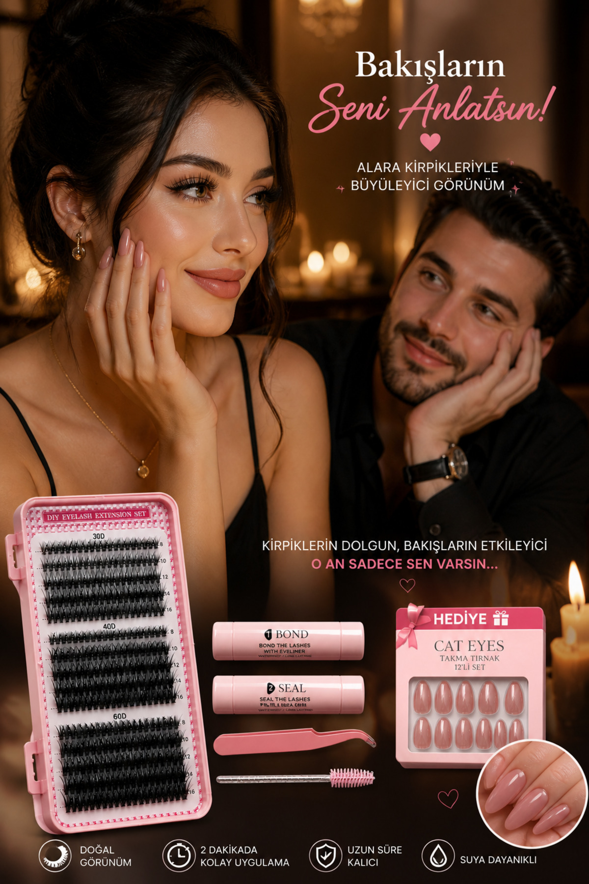 Alara’nın Kirpik Koleksiyonu 600 Demet Cluster Takma Kirpik Seti D Curl 30D 40D 50D 60D + Bond Seal Uygulama Kiti + Cat Eyes 12’li Takma Tırnak Hediyeli — ALR*GUZELLIKKIT600 — تصویر 7 از 7