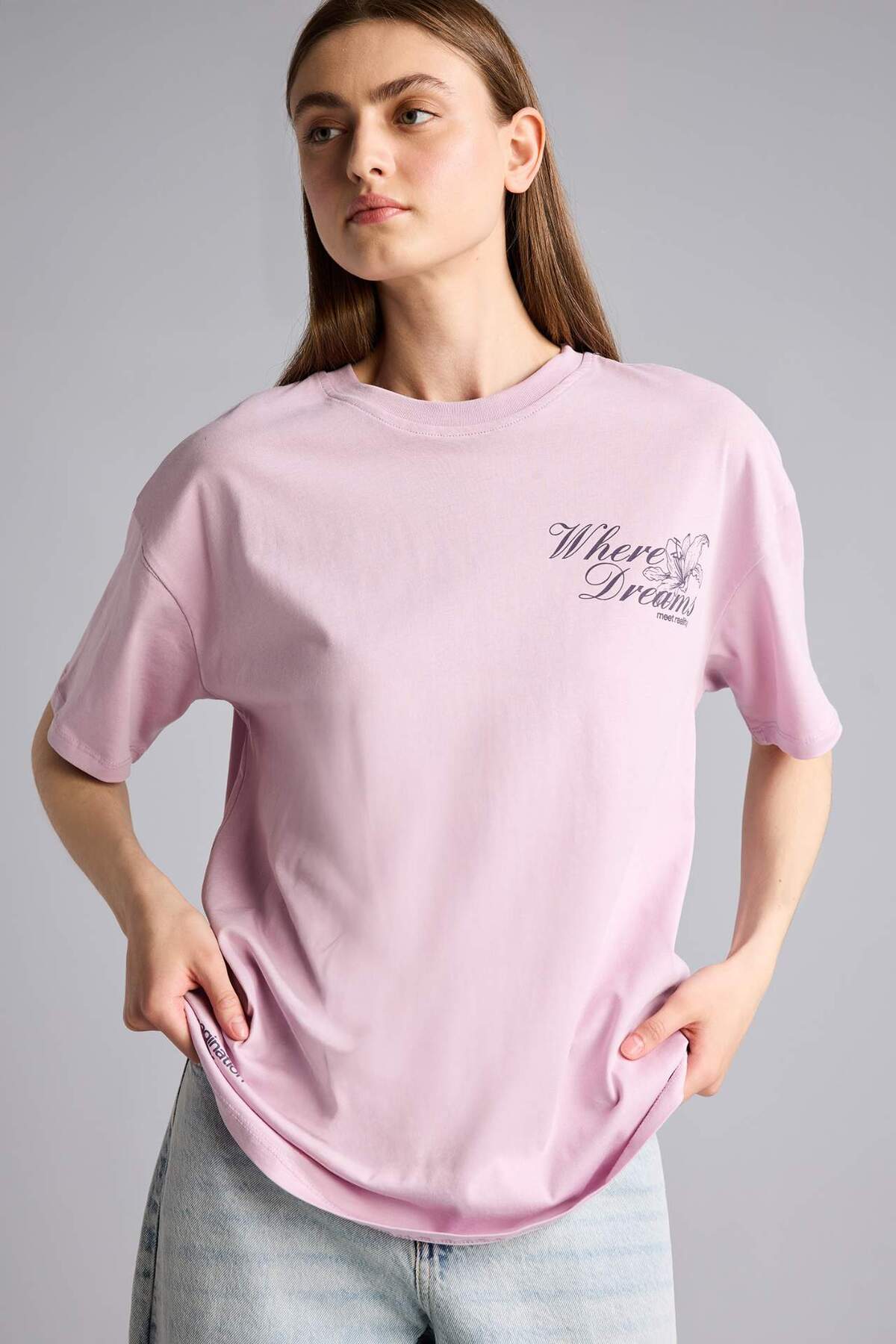 Defacto 100% Cotton Oversized Crew Neck Pocket Printed Slogan Printed Short Sleeve T-Shirt H7581Ax26Sm
