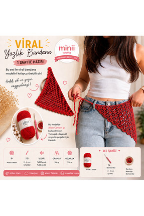 Minii Tuhafiye Örgü Bandana Yapım Seti – Cotton Kırmızı İp, Tığ + Boncuk Dahi...