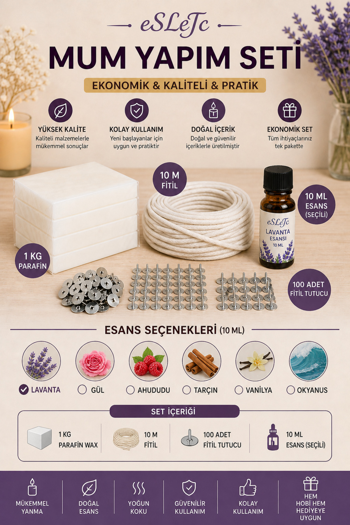 Candle Making Set – 1 Kg Paraffin Wax + 10 m Wick + 100 Wick Holder + 10 ml Essence