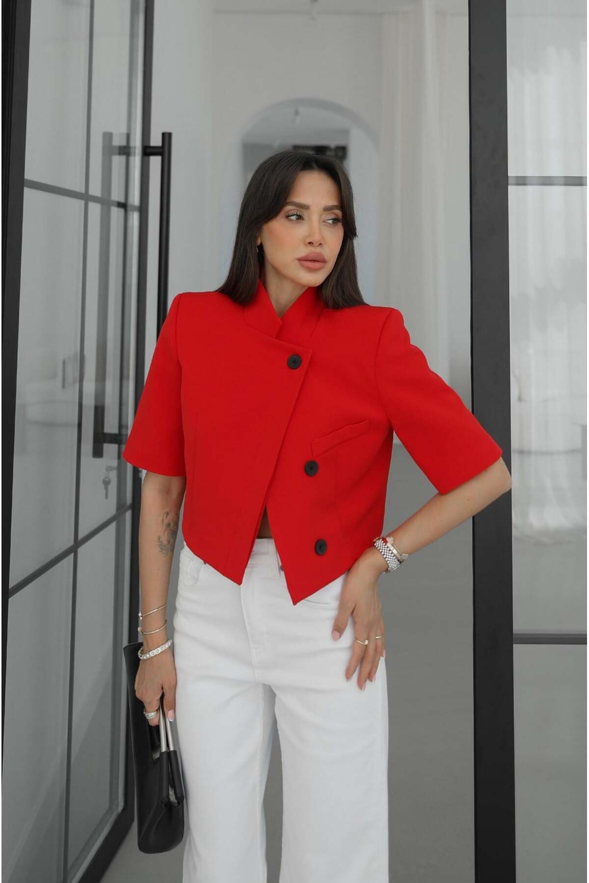 Havoş  Kırmızı Kısa Kollu Crop Blazer Ceket - Görsel 5