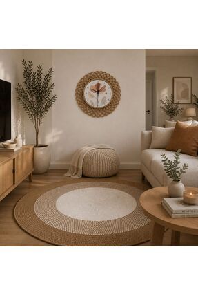 home inn Bohem Hasır Duvar Saati & Yuvarlak Jüt Halı 100 Cm Seti – Doğal Mode...