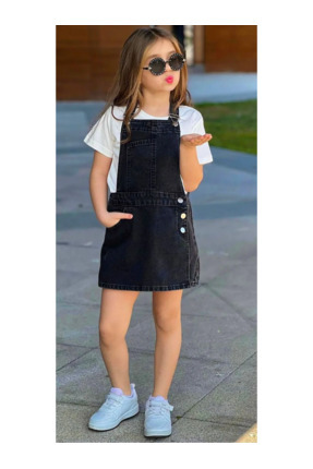 kidstalya Siyah Taşlama Kız Çocuk 2'li Salopet