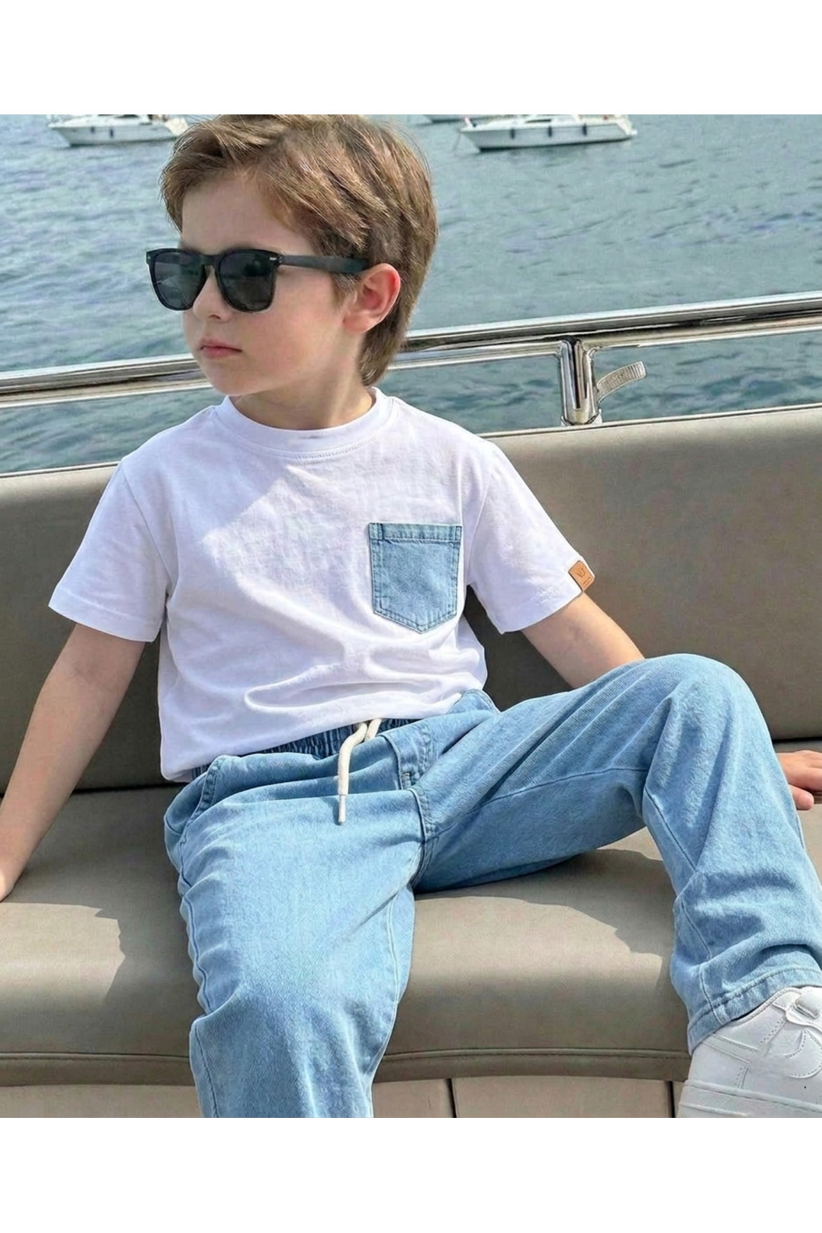 Boys Pocket Detail White T-Shirt and Jeans 2-Piece Set | Casual Stylish Summer Sister Combination
