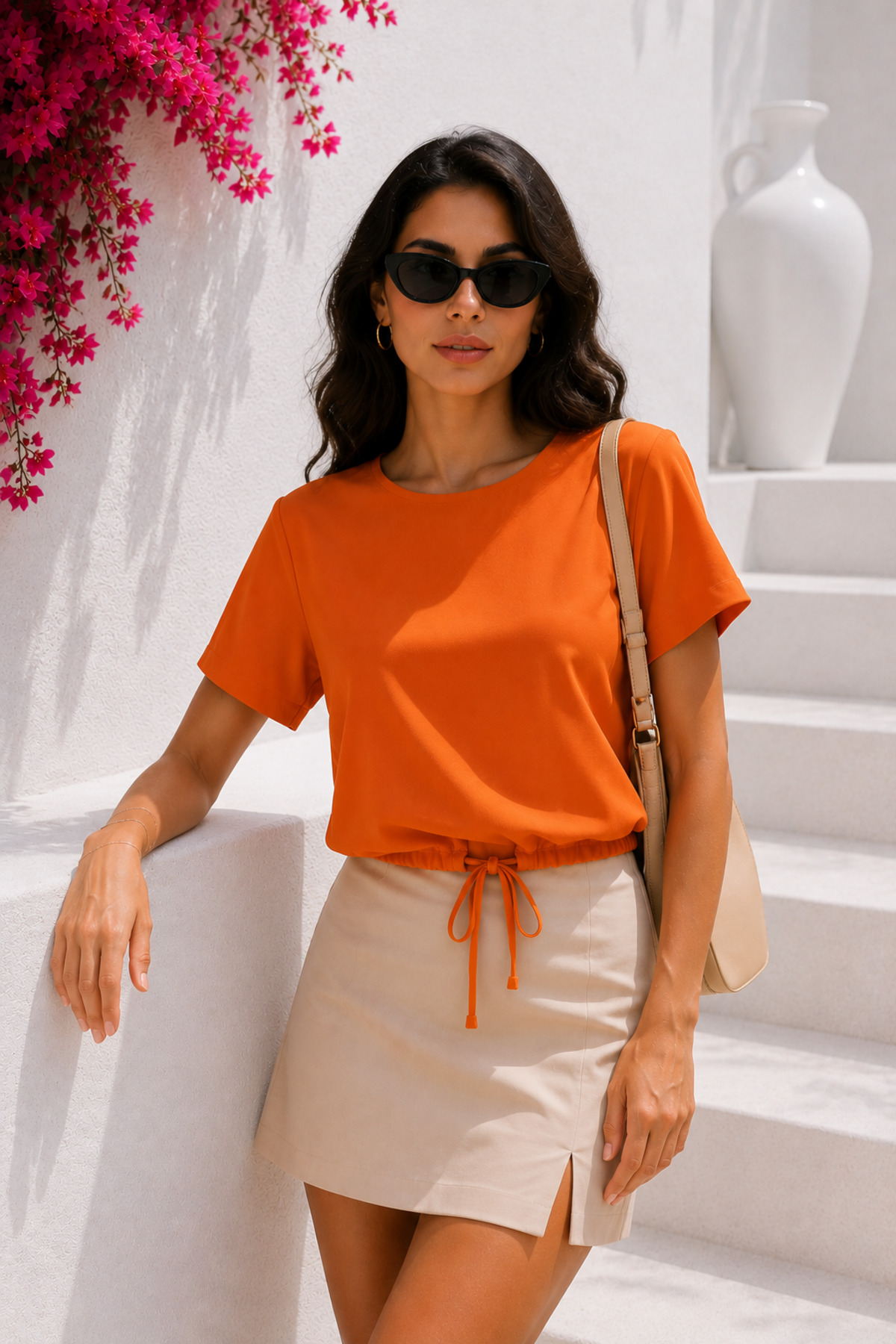 Women's Orange 100% Cotton Tie Detailed Oversize Short Sleeve Blouse