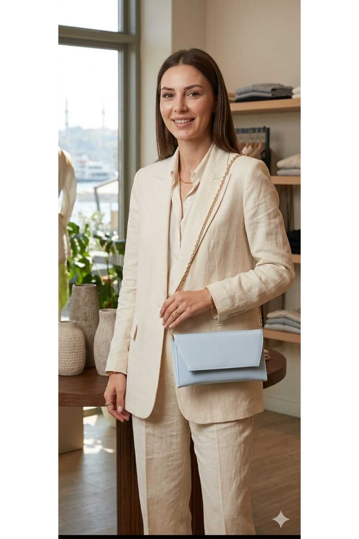 themoiss THE MOİSS BEBE MAVİSİ Çanta Deri Görünümlü Zincir Askılı Kadın El ve Omuz Çantası, Şık Portföy Clutch görsel 3