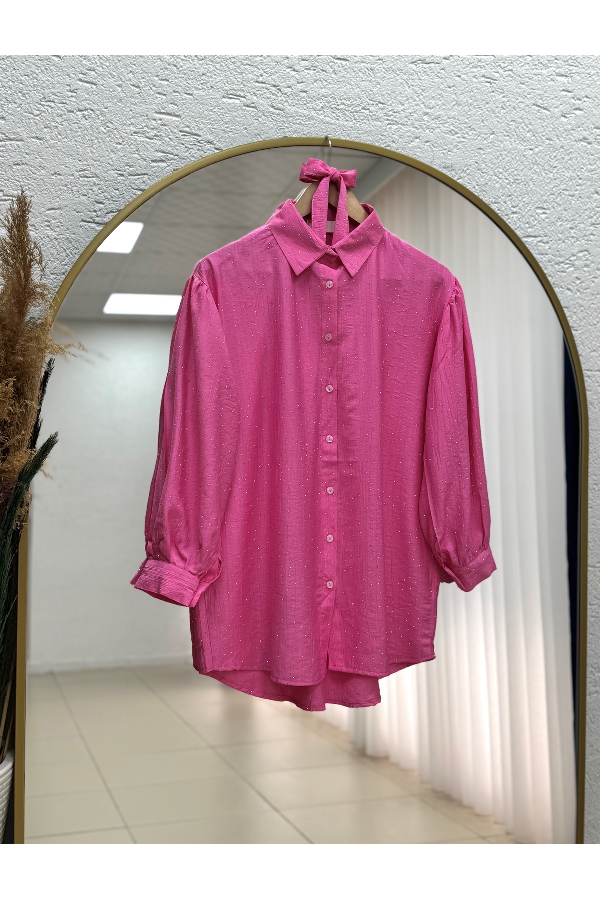 Nihan Full Stone Shirred Strawberry Shirt-NA846 Pink