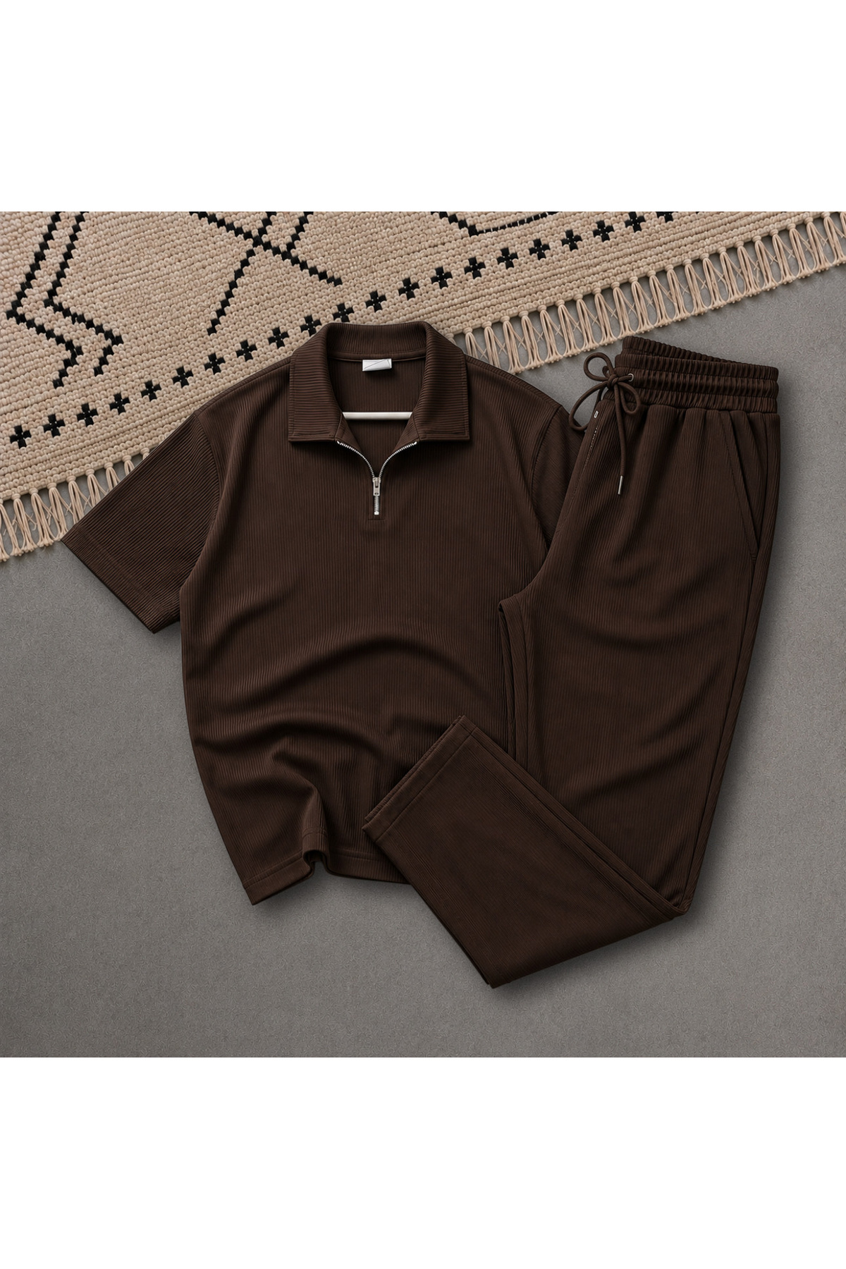 New Season Premium Fabric Ribbed Ottoman Summer Zippered T-shirt and Sweatpants 2-Piece Set