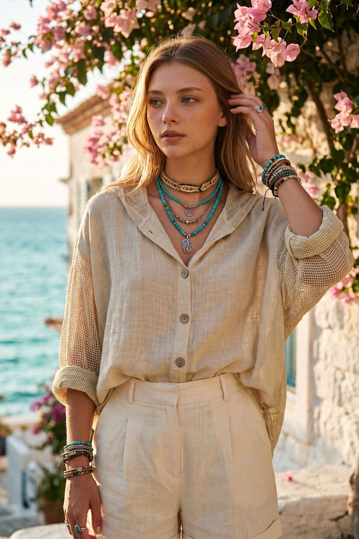Alacati Linen Beige2 Washed Linen Mesh Tied Hooded Blouse