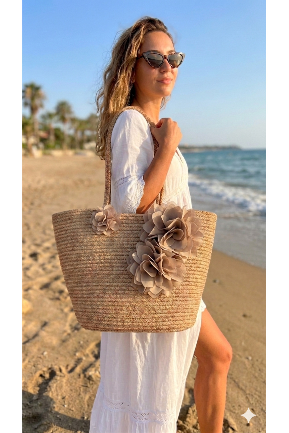 BİANCA | Flower Detailed Wicker Beach Bag Oversized Bohemian Summer Bag