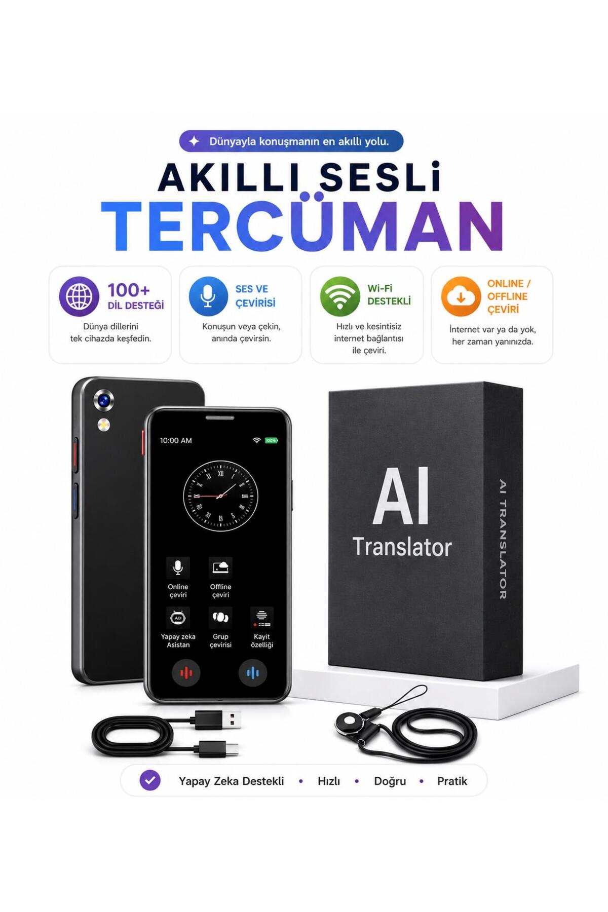 ATLT ATLANTİS AKILLI SESLİ TERCÜMAN TRANSLATÖR YAPAY DESTEKLİ Wİ-Fİ DESTEKLİ 100+DİL ÇEVİRİ FOT-SES ÇEVİRİ TAŞINABİLİR TRANSLAT ÇEVRİM İÇİ ÇEMRİM DIŞI KULLANIM ÇİVİRİ CİHAZI