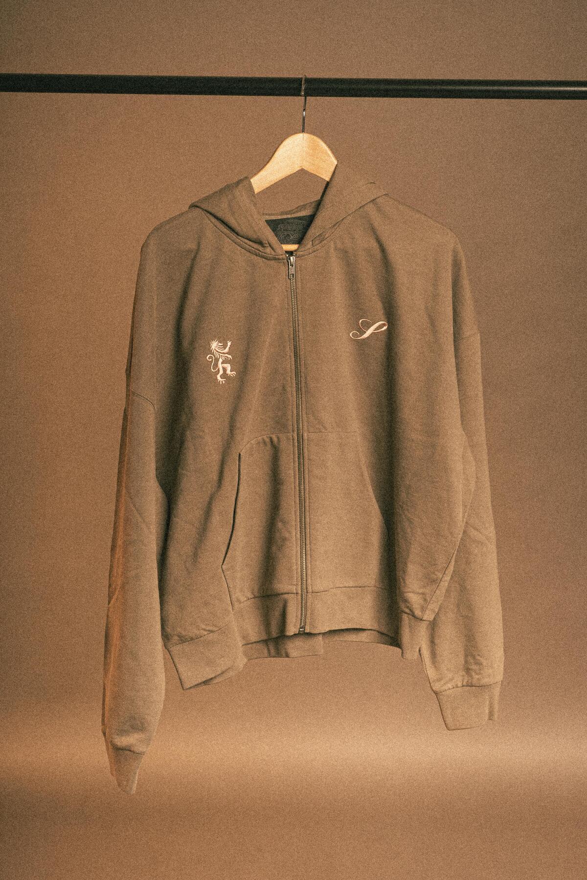 Unisex Nakışlı Pamuklu Boxy Fit Hırka Fermuarlı Sweatshirt Royal Hoodie — قهوه‌ای svg-099-25 — تصویر 2 از 4