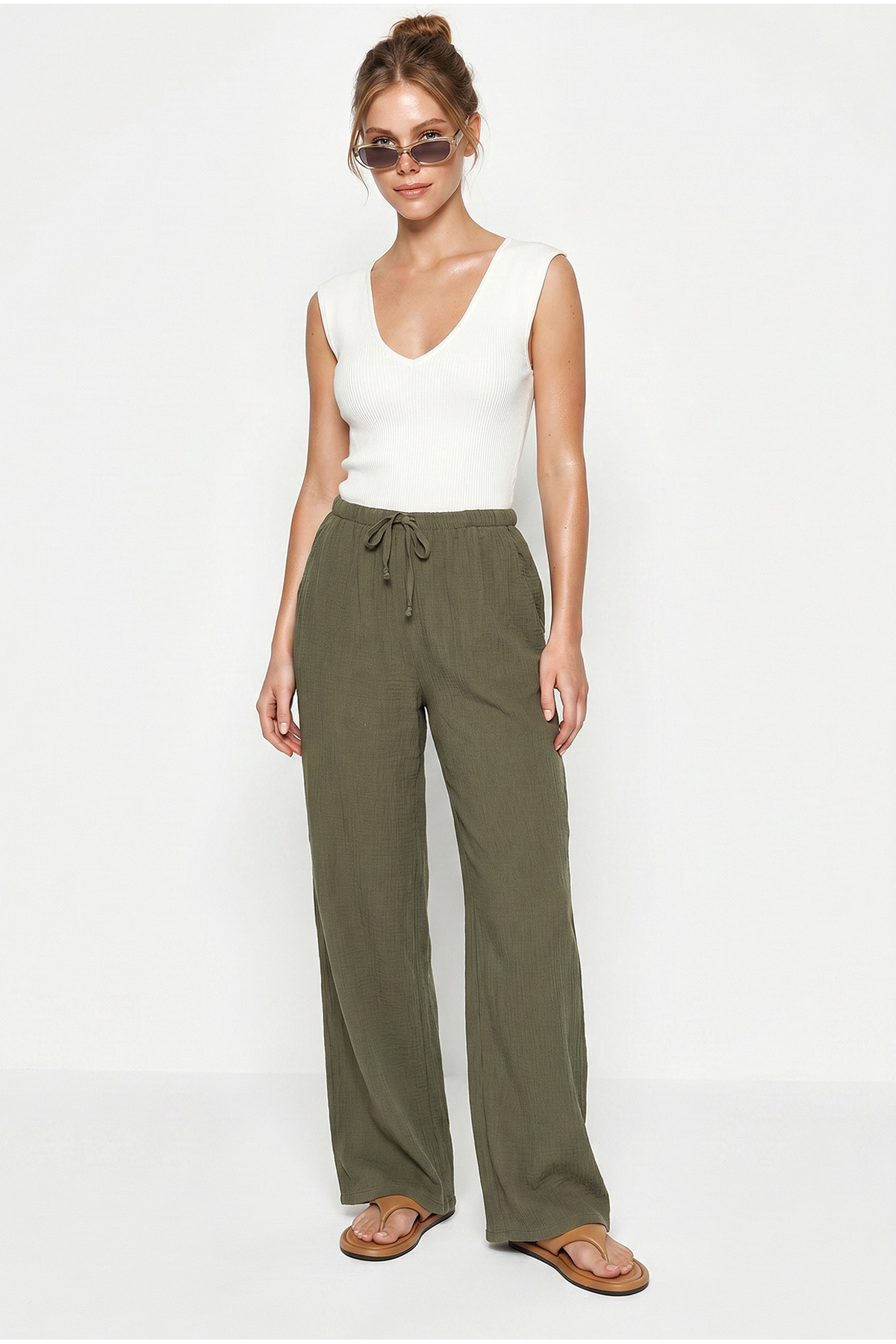 Women's Lace-Up Elastic Waist Muslin Wide Leg Trousers YP5502 60286190
