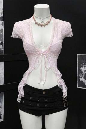 Karakedi Vintage Style Bağlamalı Dantel Bolero Pembe Bluz