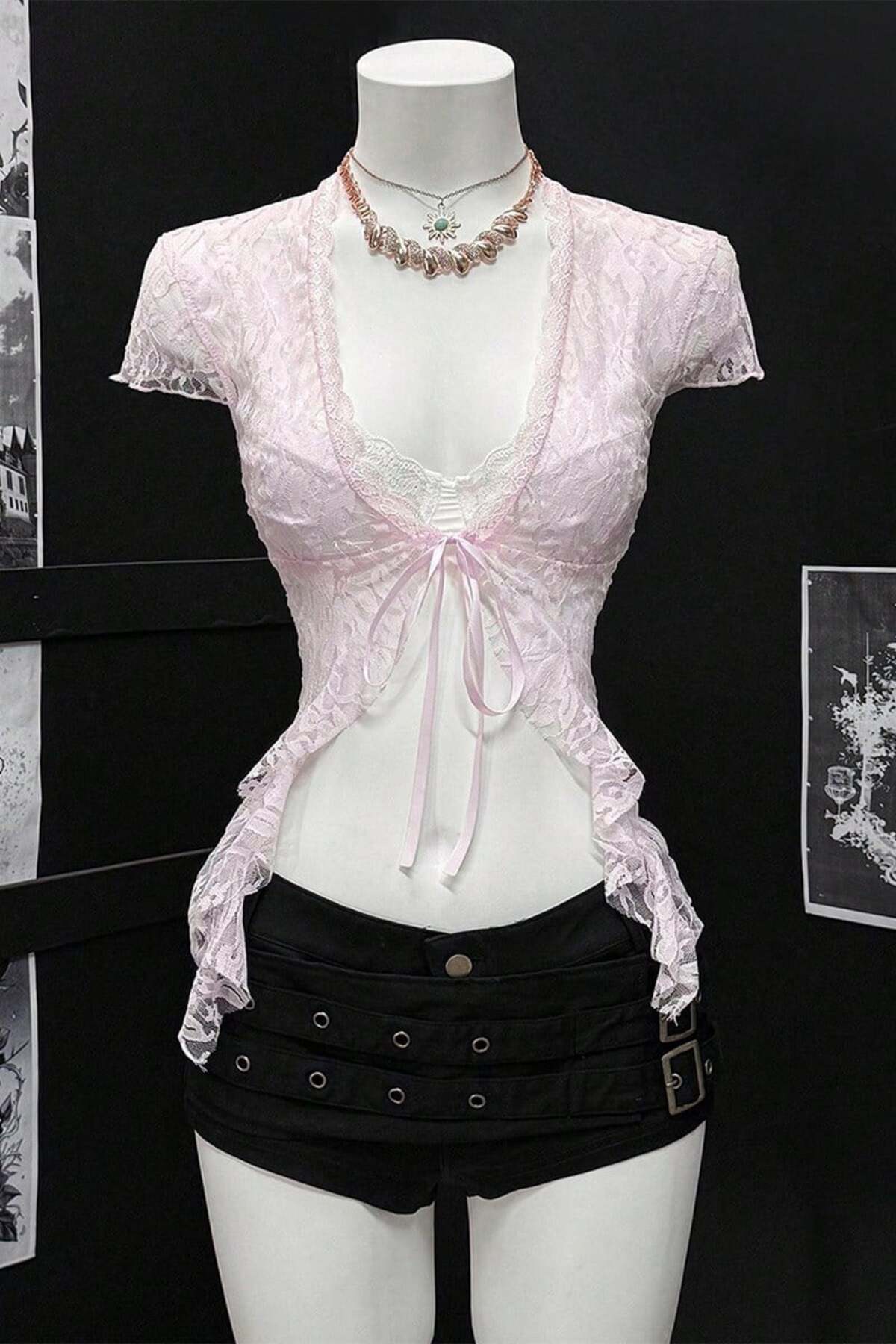 Vintage Style Tie Up Lace Bolero Pink Blouse