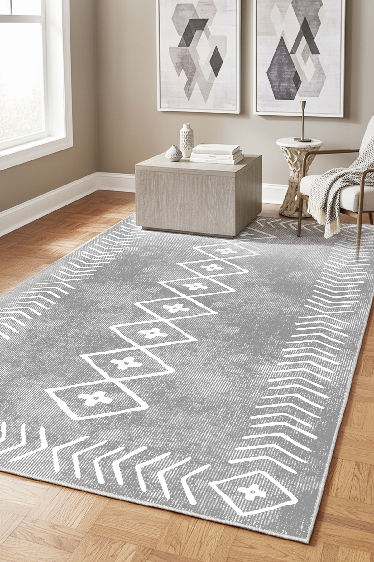 Iskadinav Washable Anti-Slip Base Stainproof Gray Digital Living Room Rug Kitchen Rug and Runner