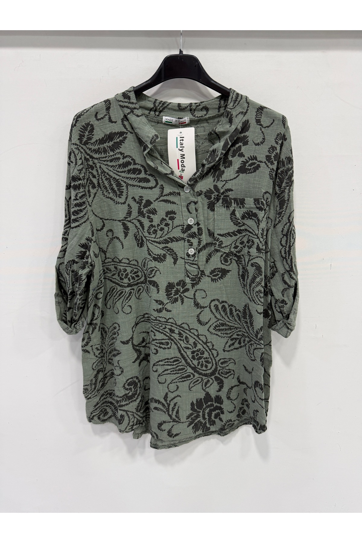 Women's Khaki Italian Ethnic Shawl Pattern Judge Collar Folding Poor Sleeve Blouse Size 40 - 44