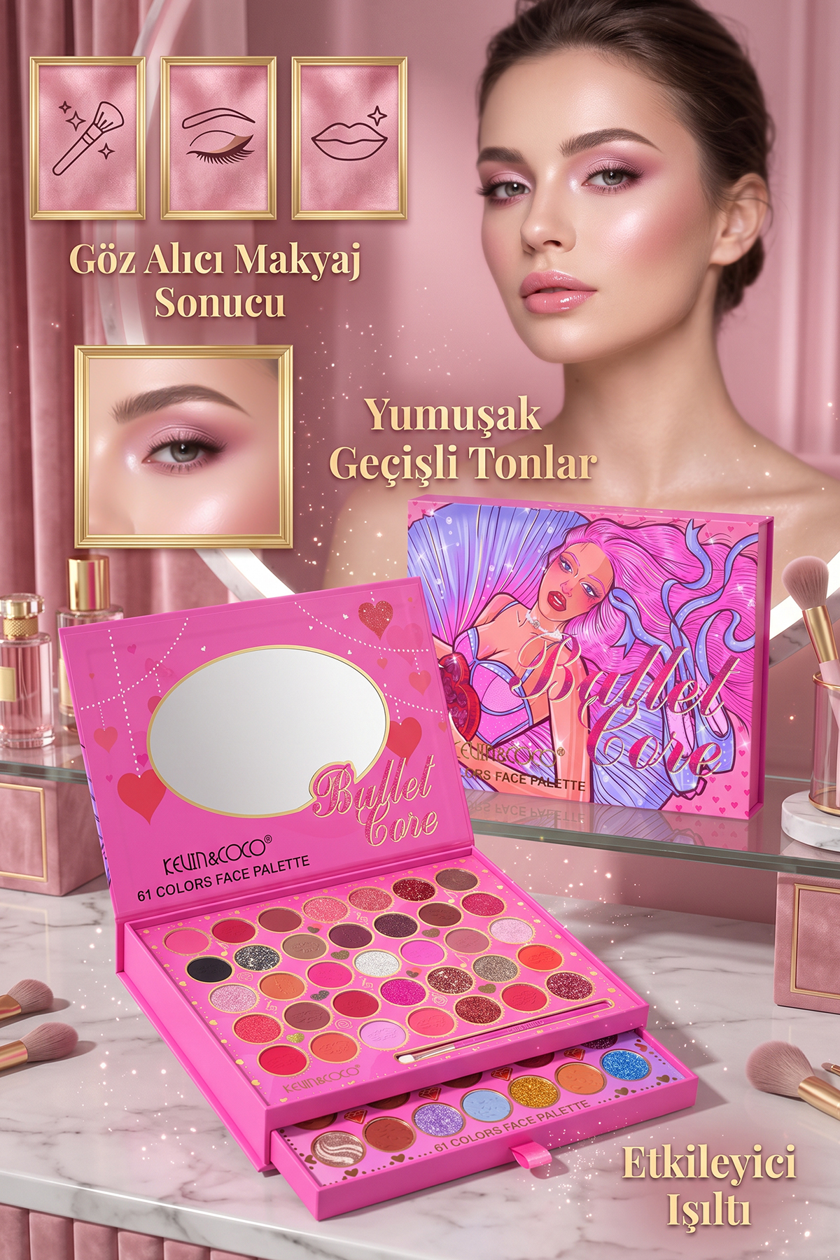 Aynalı 61 Renkli Alt Çekmeceli Simli Mat Far ve Yüz Makyaj Paleti — 02488-2 — تصویر 5 از 7