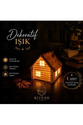 RIVEND Dekoratif Işıklı Ahşap Ev Görünümlü Mumluk – 3D Baskı Mini Ev Gece Lam...