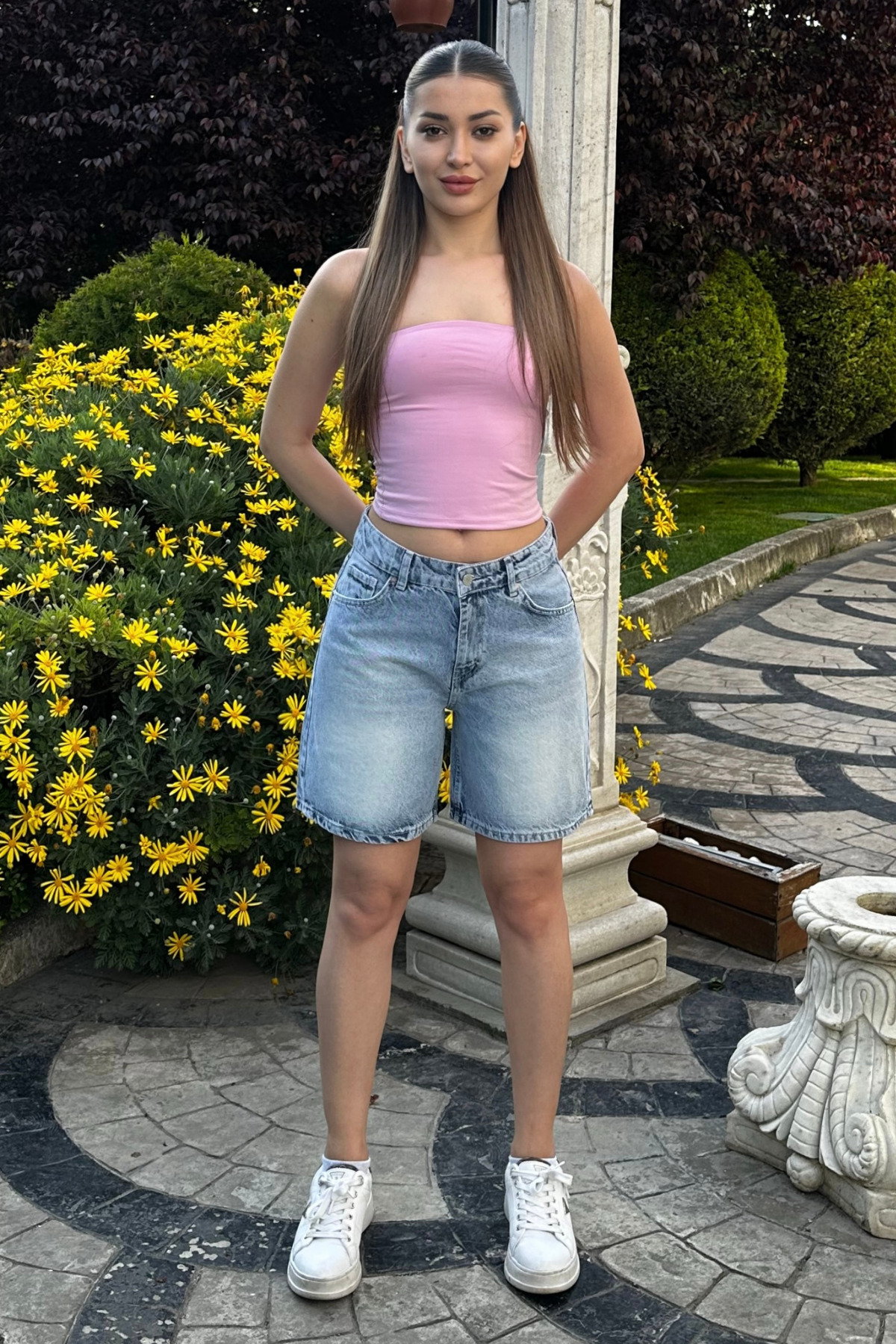 Kadın Vintage Efektli Yüksek Bel 5 Cepli Straight Fit Şort Jeans açık mavi 6