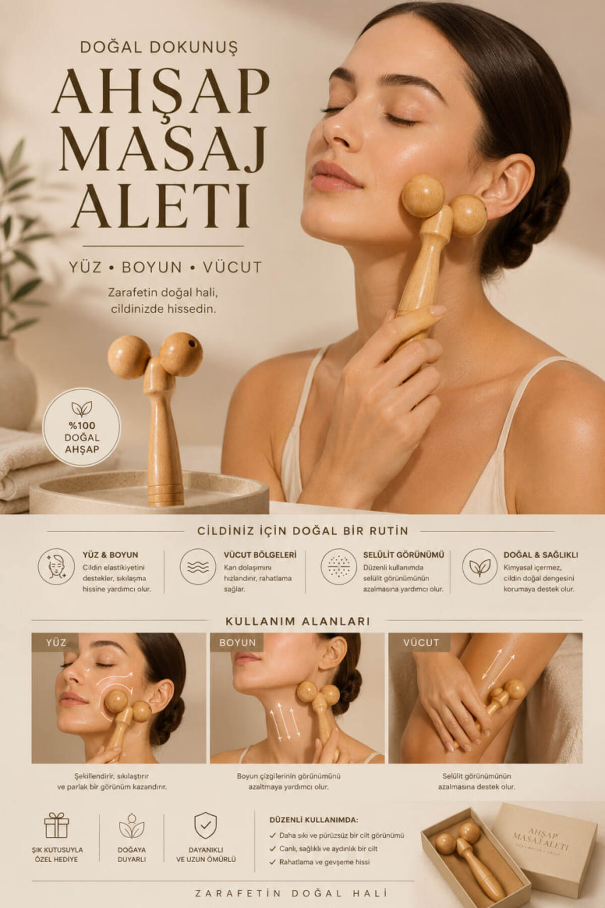 Ahşap Masaj Aleti Yüz Boyun Vücut Doğal Ahşap Masaj Rollerı — قهوه‌ای Spa.Masaj.Aleti — تصویر 2 از 3