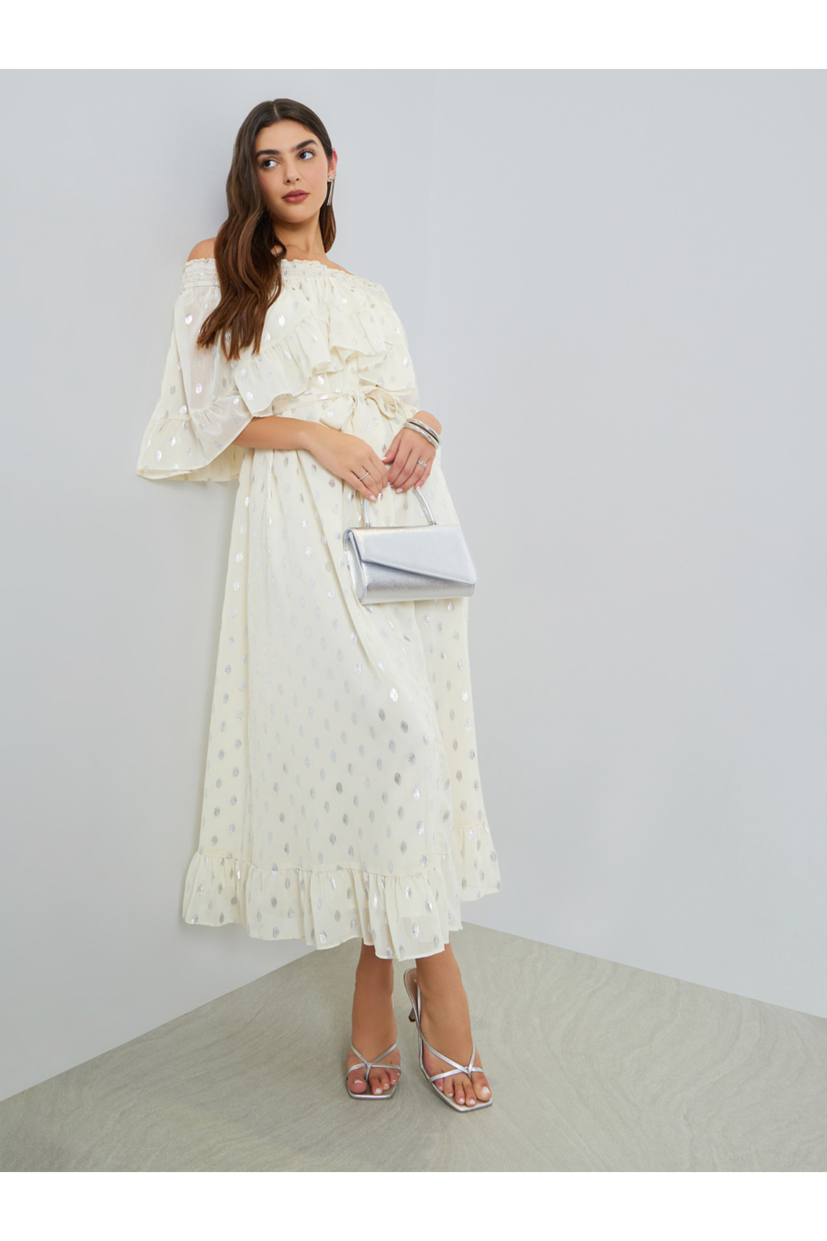 Styli Off White Foil Print Off-Shoulder Maxi Dress