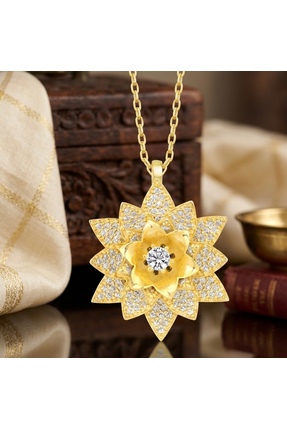 ÖNALLAR Gümüş Gold Beyaz Taşlı Lotus Çiçeği Kadın Kolye