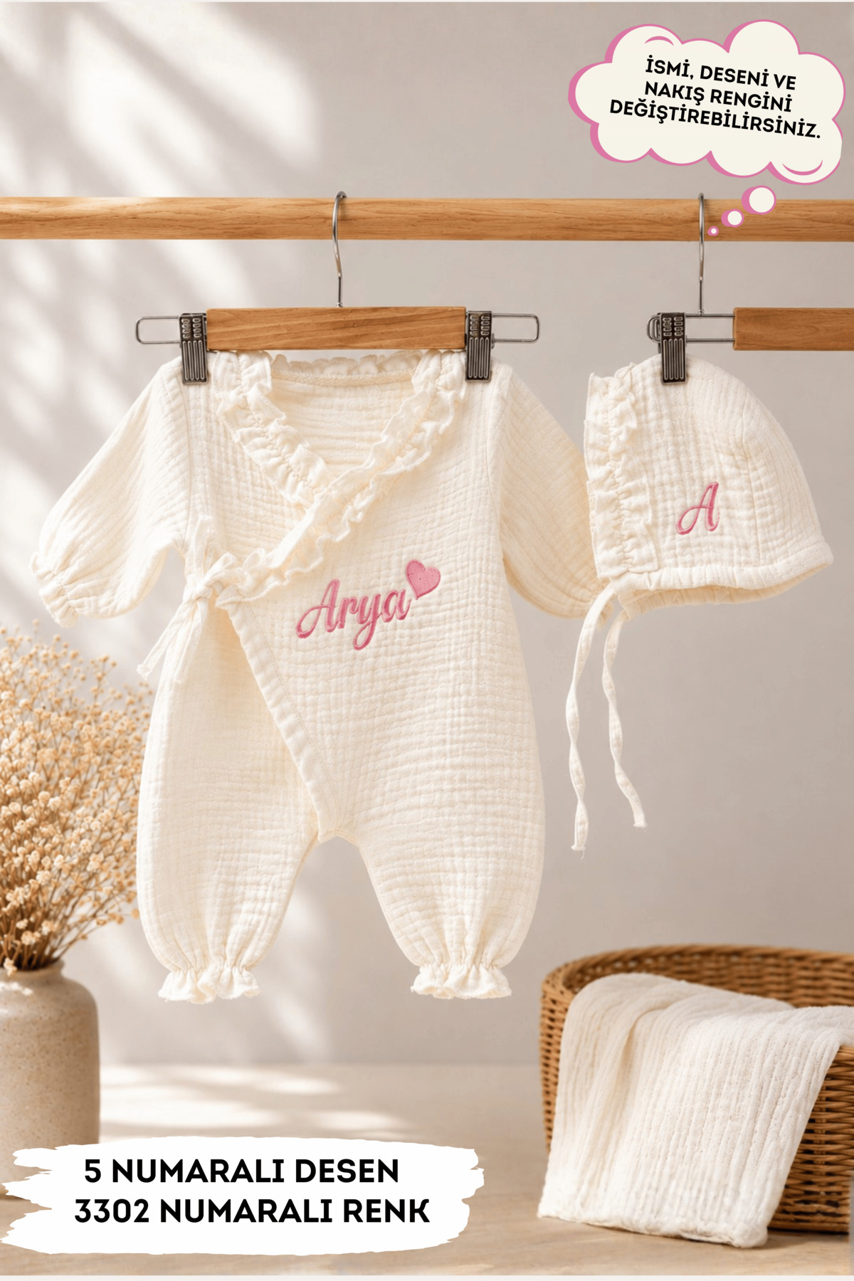 Named Newborn Outlet Embroidery Muslin Tied Jumpsuit and Bonet Hat 2pcs