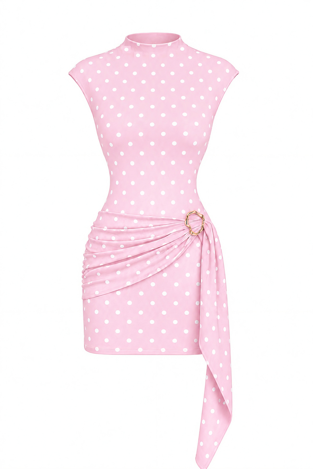 Polka Dot Upright Collar Dress with Buckle Detail and Belt - Pink-White - Sevde Ugur