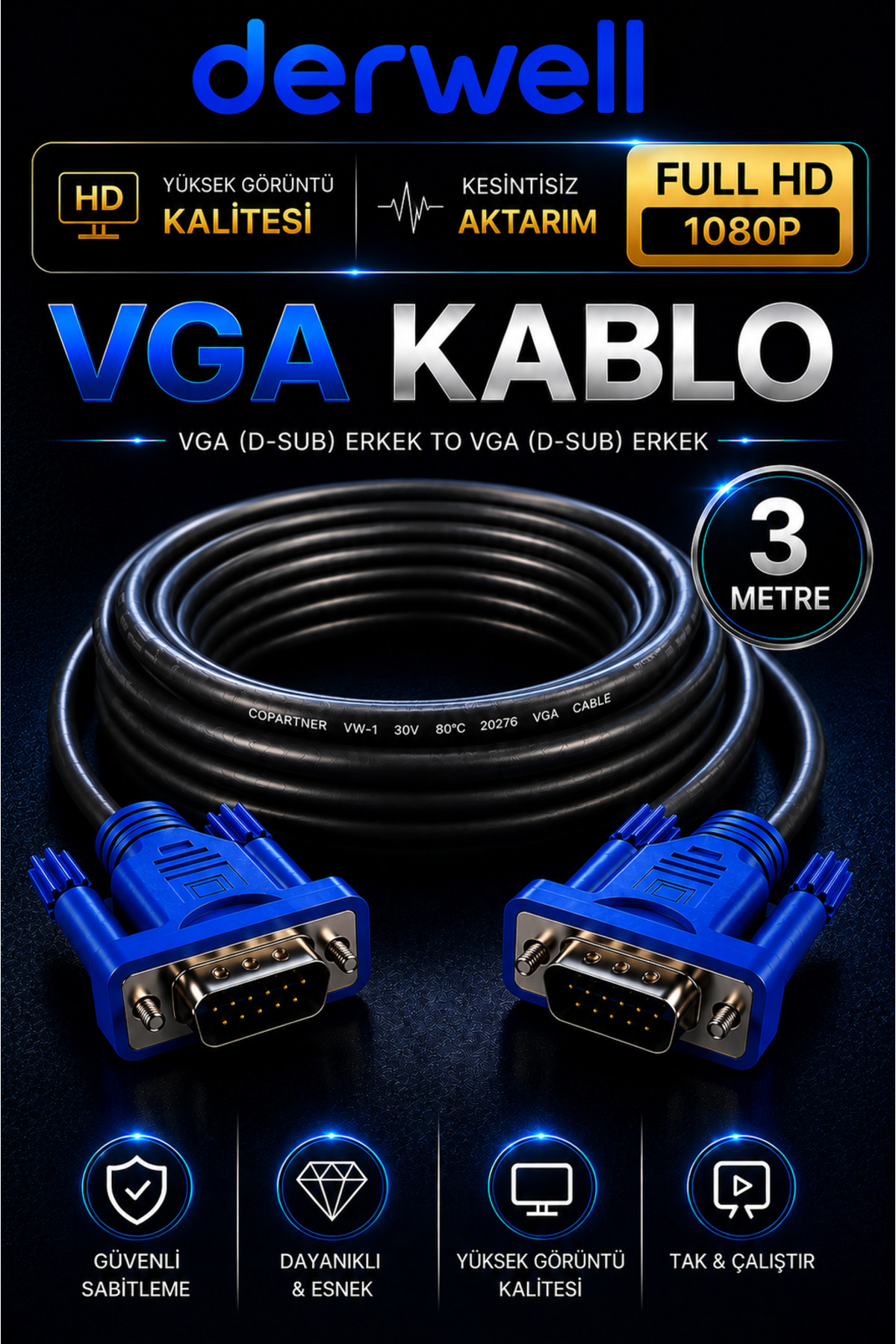 3 Metre VGA Kablo Full HD 1080P Kesintisiz Aktarım D-Sub Erkek To Erkek Altın Uçlu Dayanıklı Monitör Projeksiyon Bilgisayar Ekran Görüntü Aktarıcı Kablosu Çift Vidalı Güvenli Sabitleme