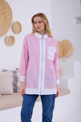Moodbasic Baskı Detaylı Çizgili Gömlek - Pembe