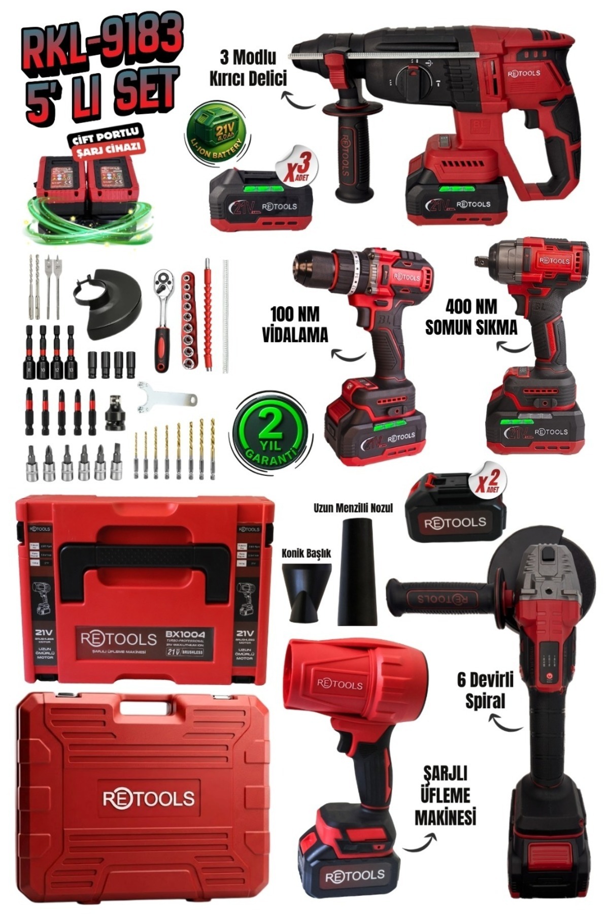RETOOLS RKL-9183 21V Profesyonel 5'li Set - Hava Üflemeli - Fiyatı