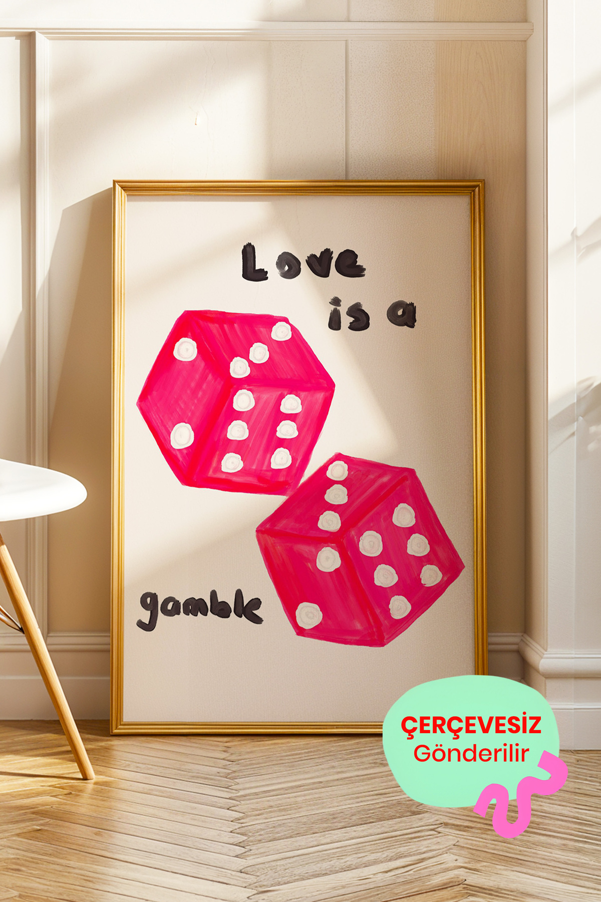 Pembe Zar İllüstrasyonlu Modern Tipografik Poster Çerçevesiz