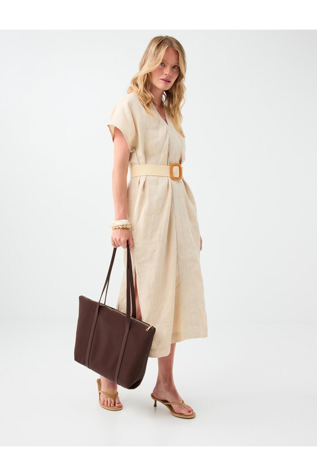 Stone 100% Linen V-Neck Midi Dress