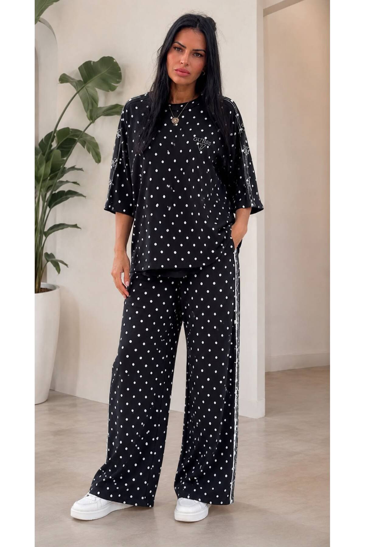 G Detailed Polka Dot Bottom Top T-shirt modal Tracksuit Set MAZELF