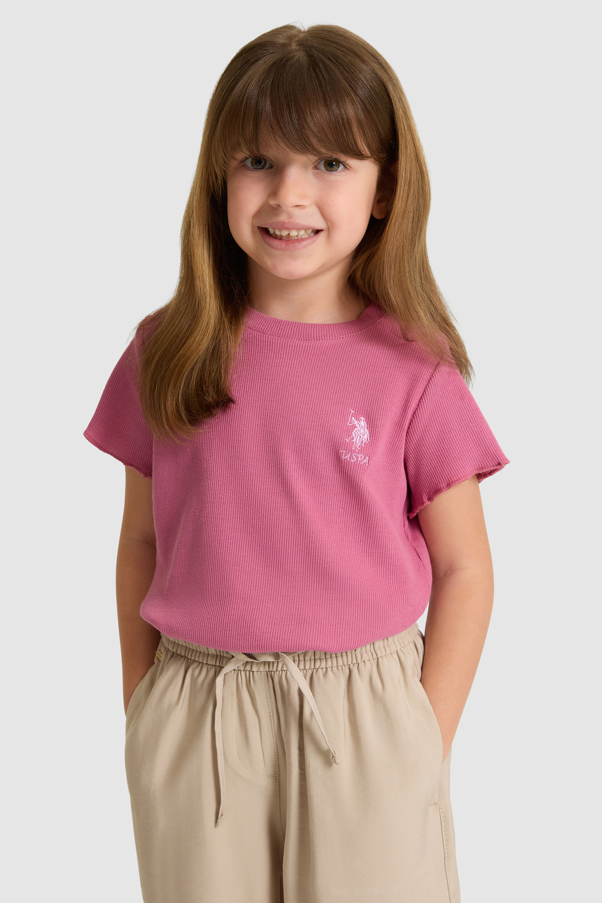 U.S. Polo Assn. تي شيرت بناتي أساسي برقبة دائرية باللون الفوشيا 50325610-VR023